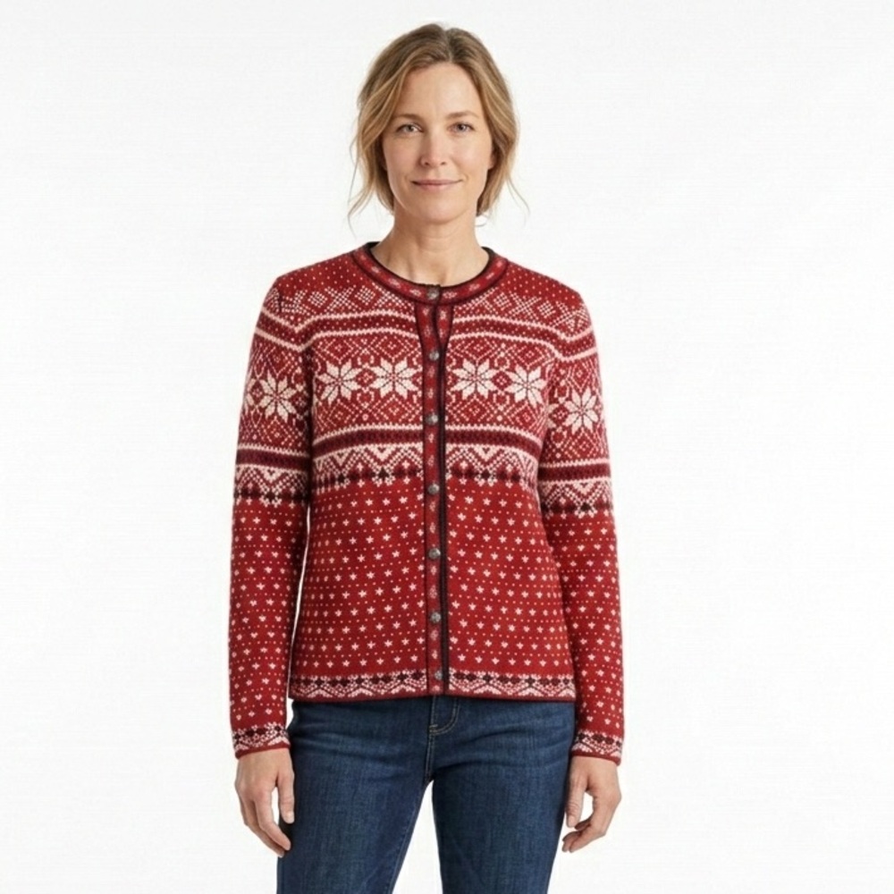 L.L. Bean Women's Red White Cotton Nordic Cardigan Sweater Size XL